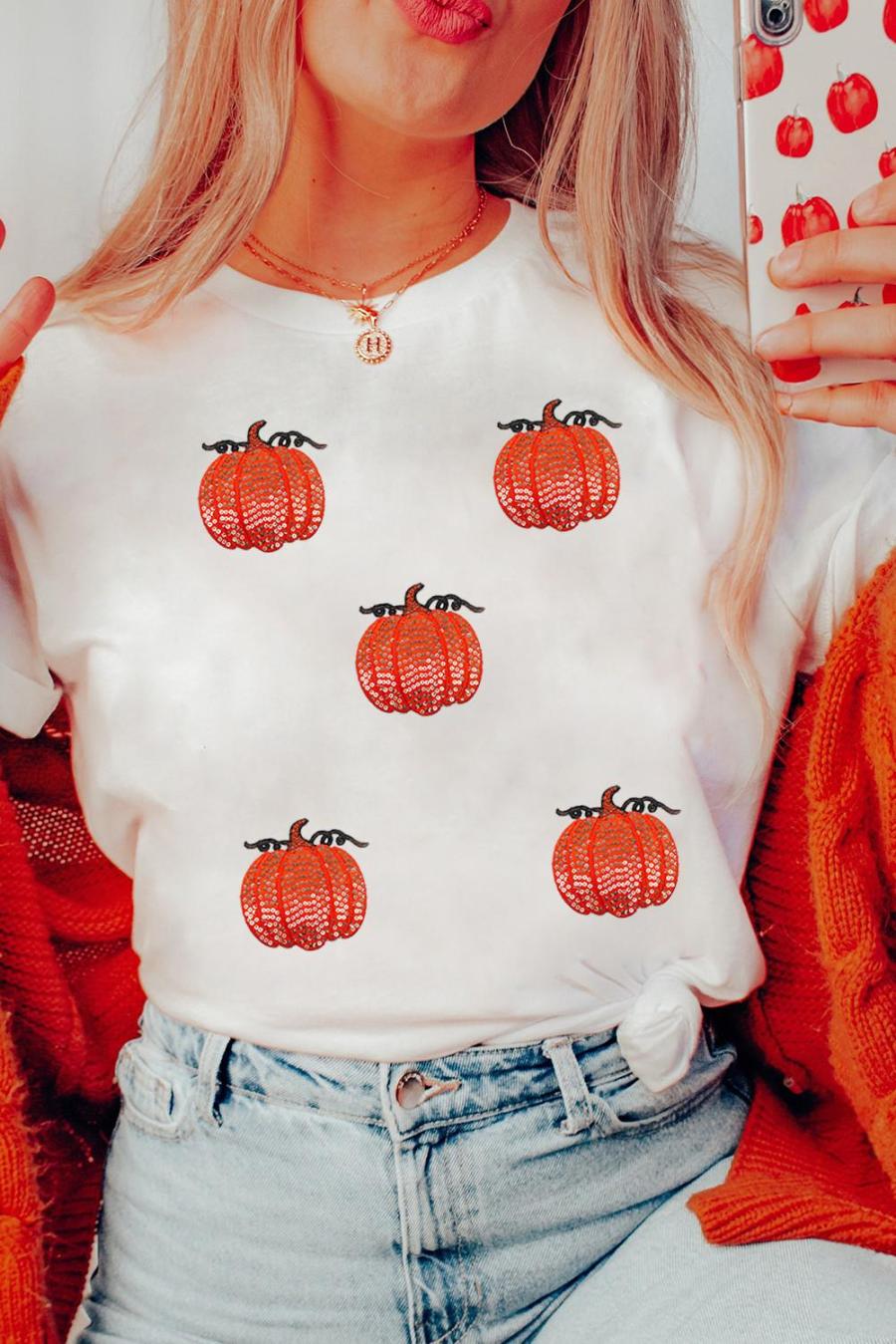 Tees & Tanks | White Glitter Pumpkin Patched Cotton Blend T Shirt - Women