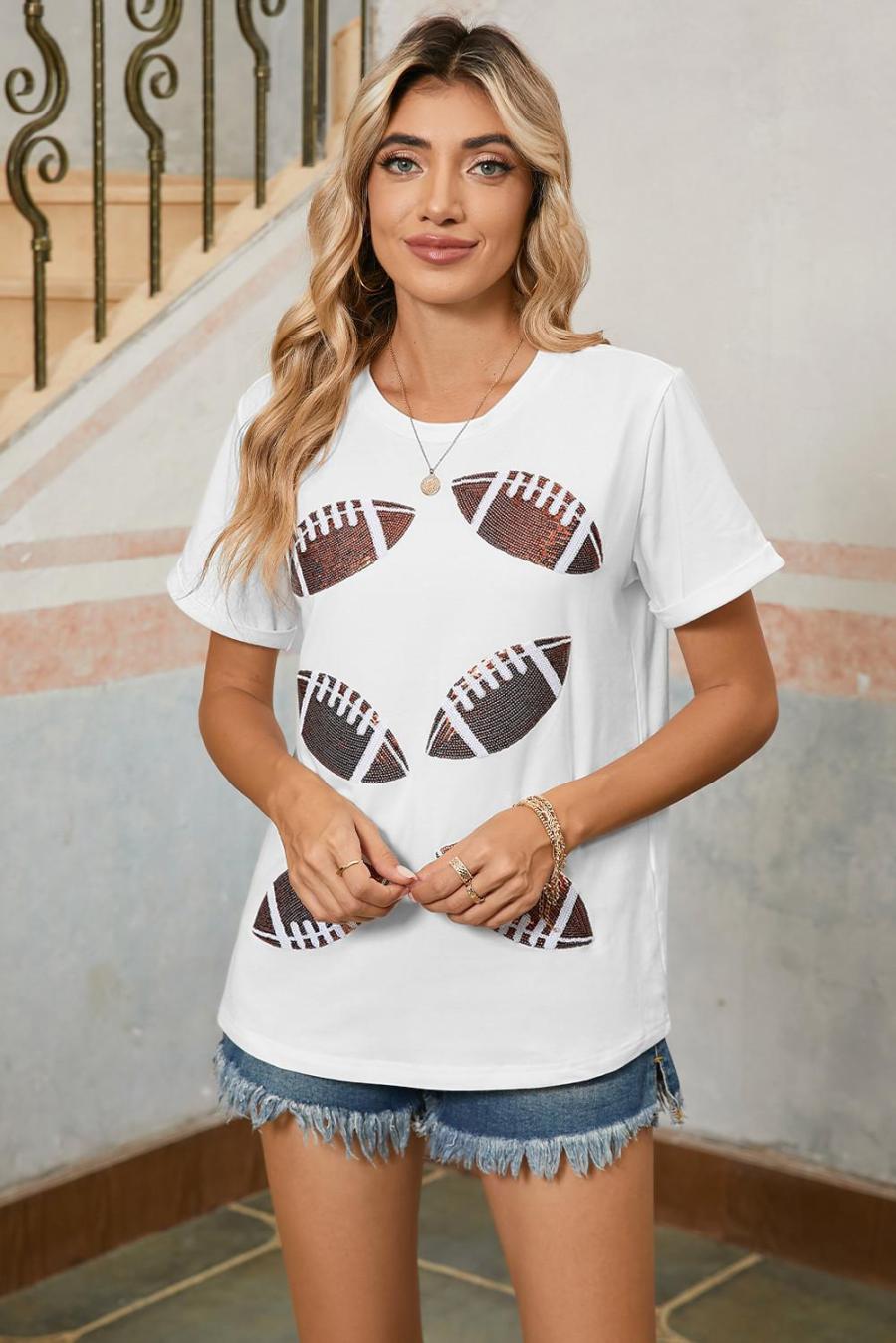 Tees & Tanks | White Sequined Rugby Graphic T Shirt - Women