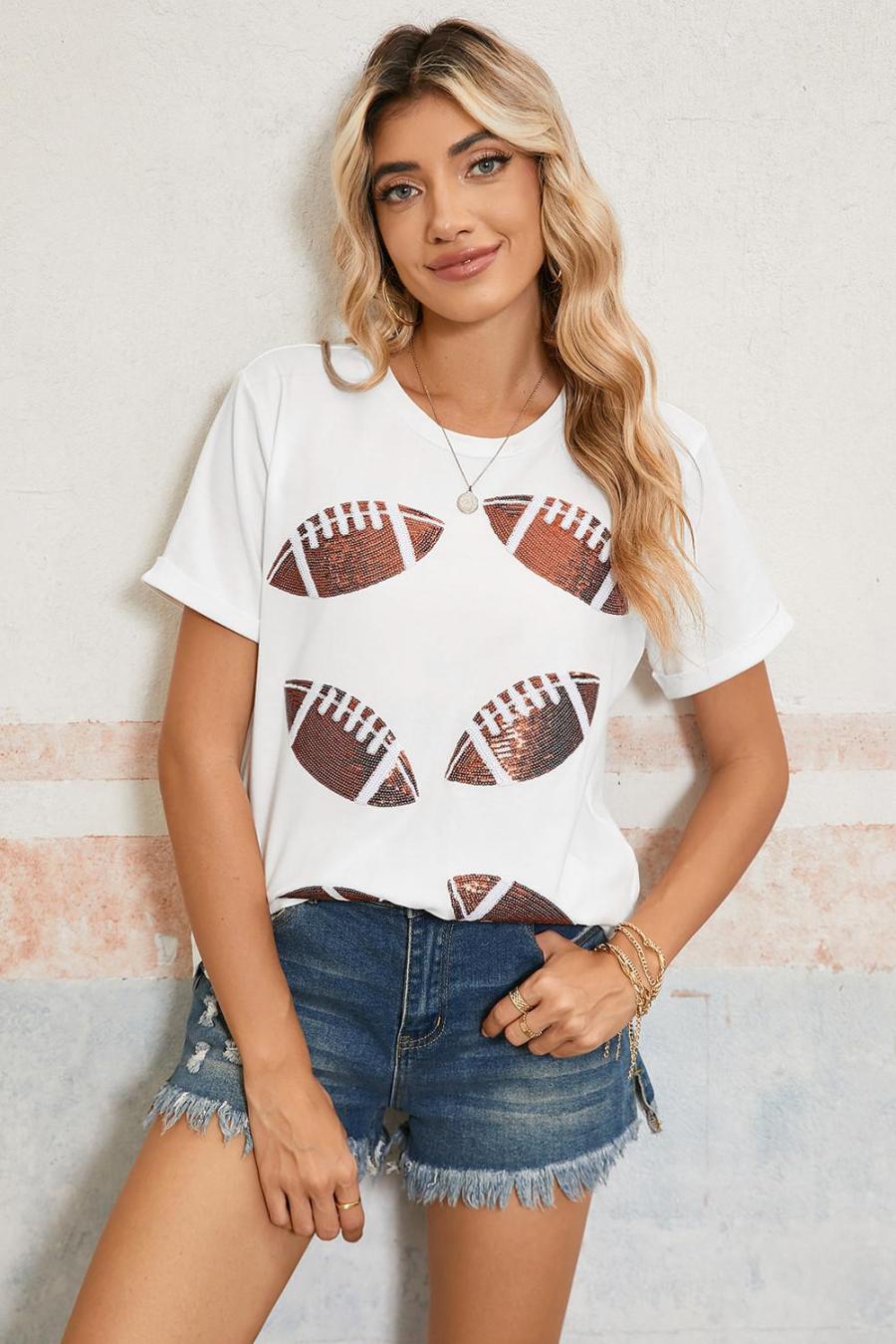 Tees & Tanks | White Sequined Rugby Graphic T Shirt - Women