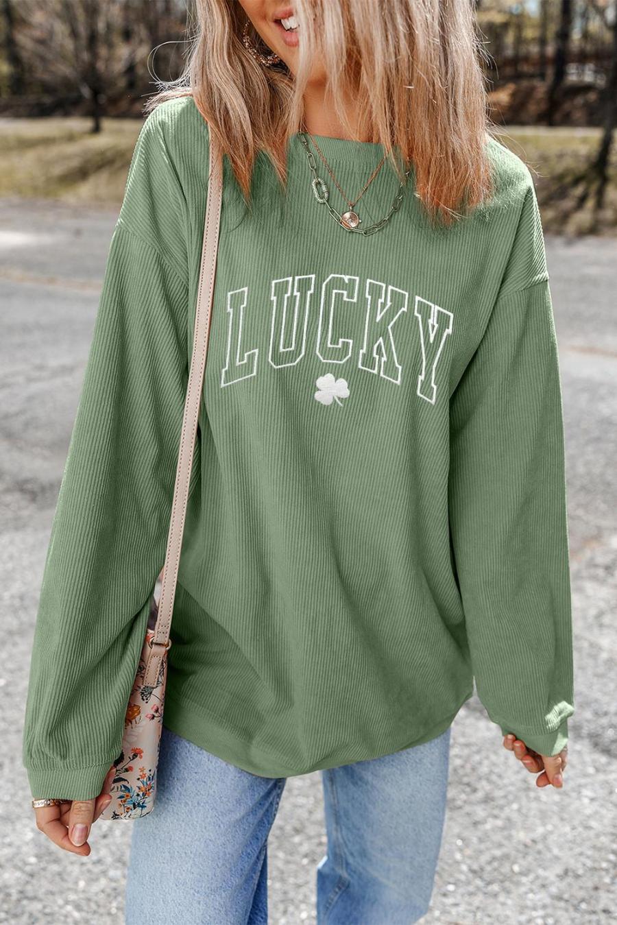 Sweatshirts | Grass Green Lucky Clover Drop Shoulder Ribbed St Patrick Sweatshirt - Women