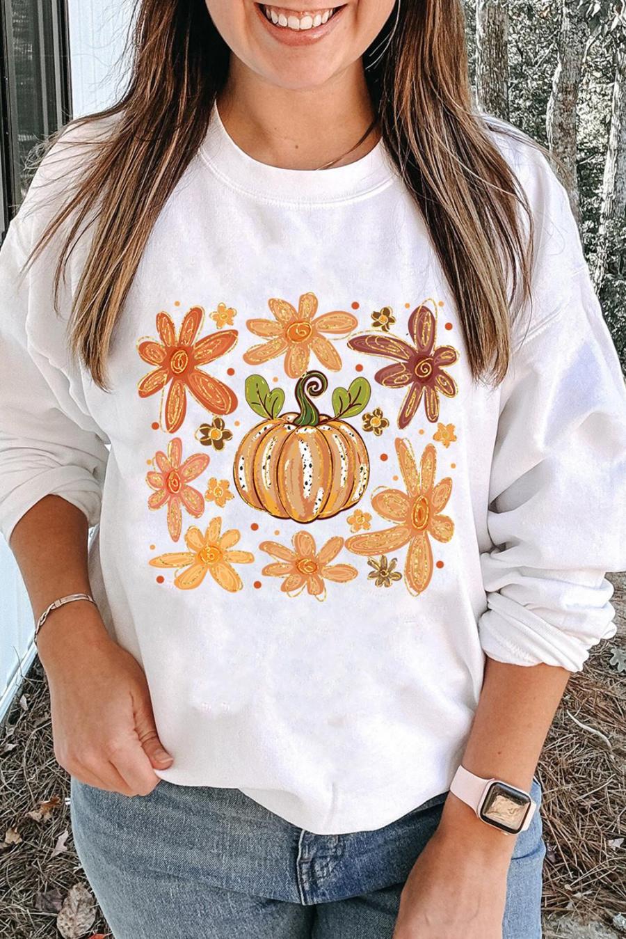 Sweatshirts | White Flower Pumpkin Printed Cotton Blend Sweatshirt - Women