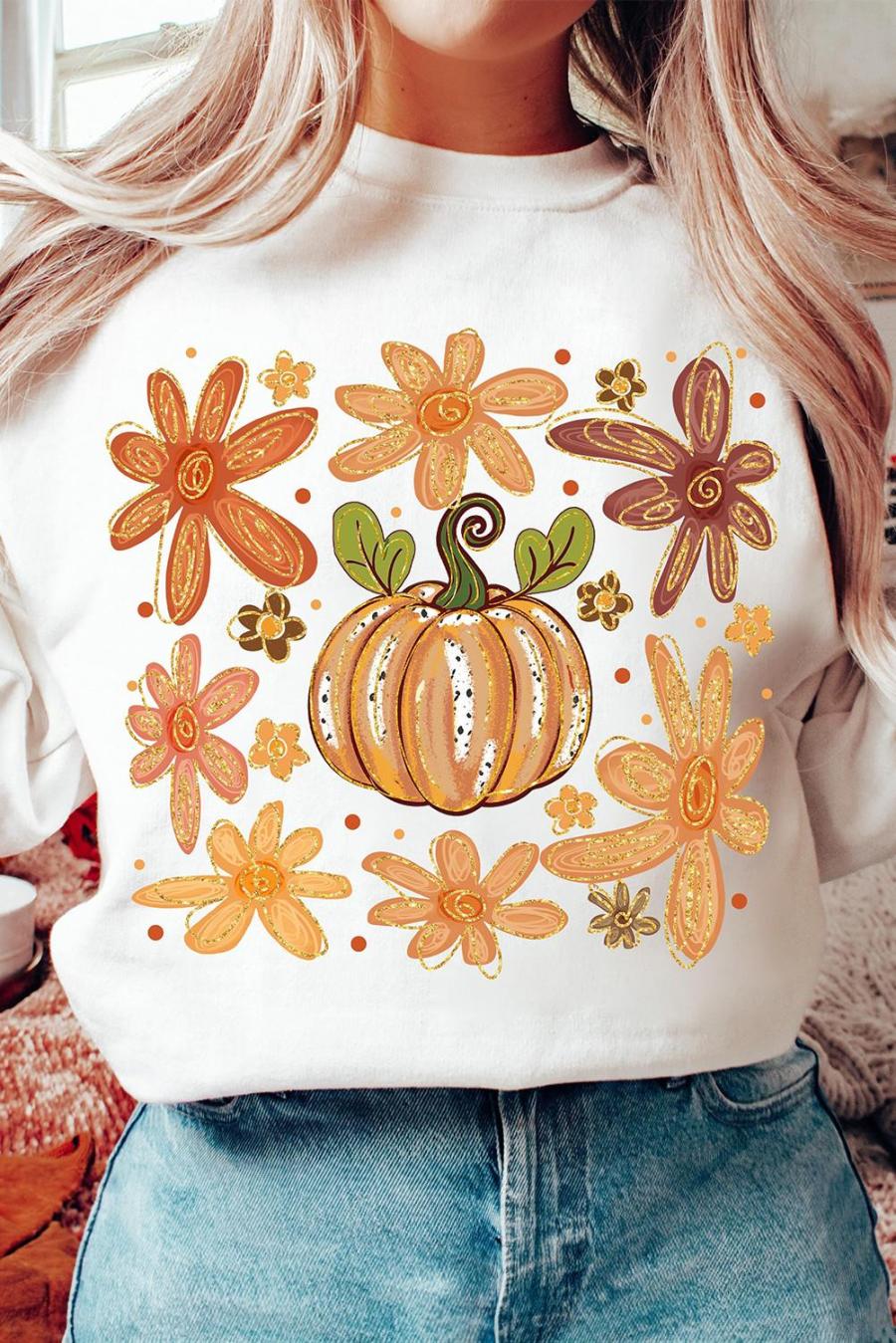 Sweatshirts | White Flower Pumpkin Printed Cotton Blend Sweatshirt - Women