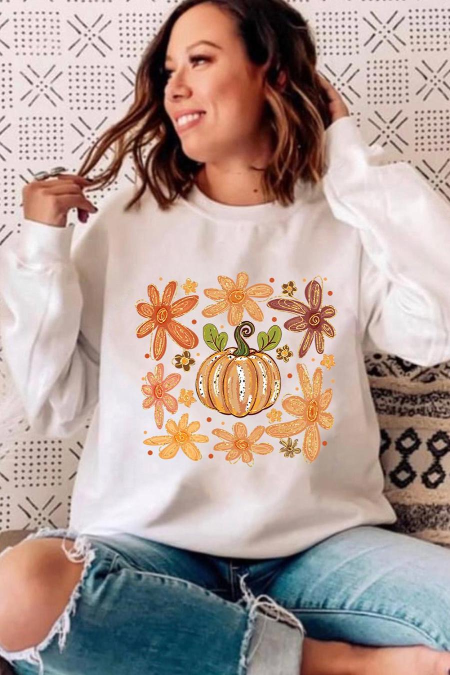 Sweatshirts | White Flower Pumpkin Printed Cotton Blend Sweatshirt - Women