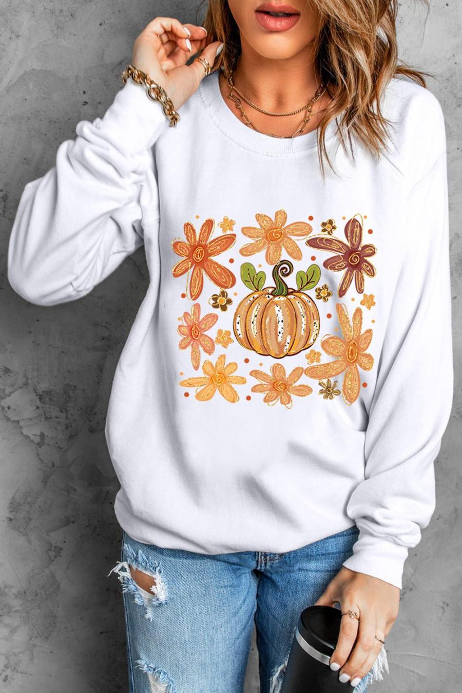 Sweatshirts | White Flower Pumpkin Printed Cotton Blend Sweatshirt - Women