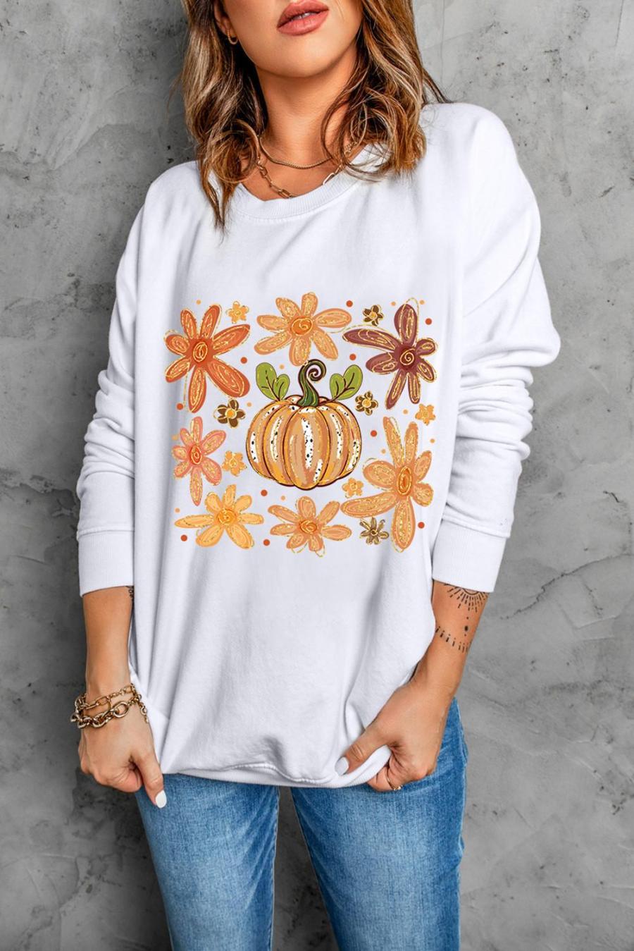 Sweatshirts | White Flower Pumpkin Printed Cotton Blend Sweatshirt - Women