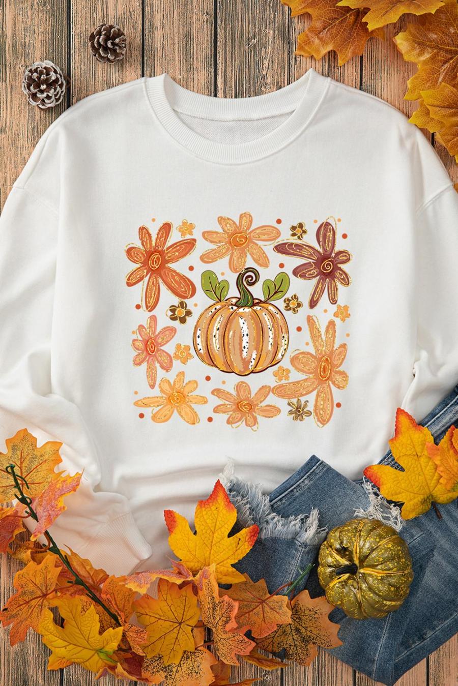 Sweatshirts | White Flower Pumpkin Printed Cotton Blend Sweatshirt - Women